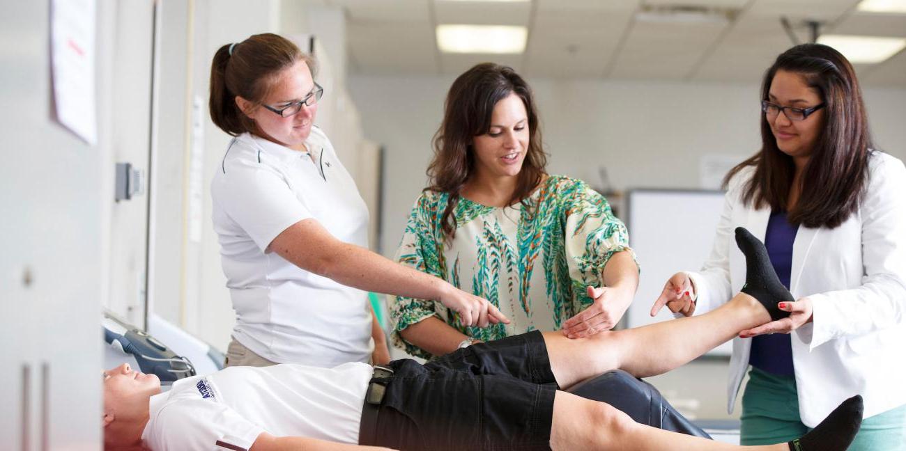 Athletic training students study the movement of a person's knee while an instructor observes